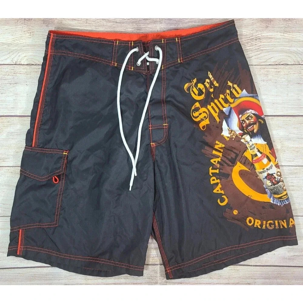 Captain Morgan Rum Cargo Board Shorts Men's Size 34 Black Swimwear Trunks
